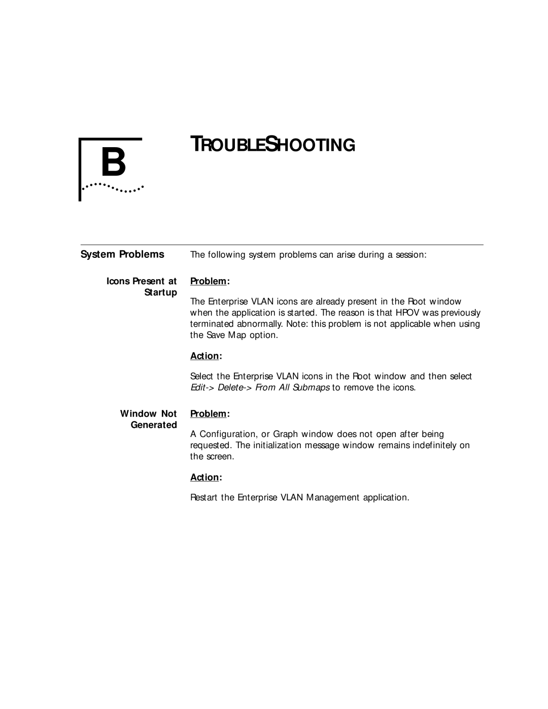 3Com 4.2.2 manual System Problems, Icons Present at Problem Startup, Action, Window Not Problem Generated 