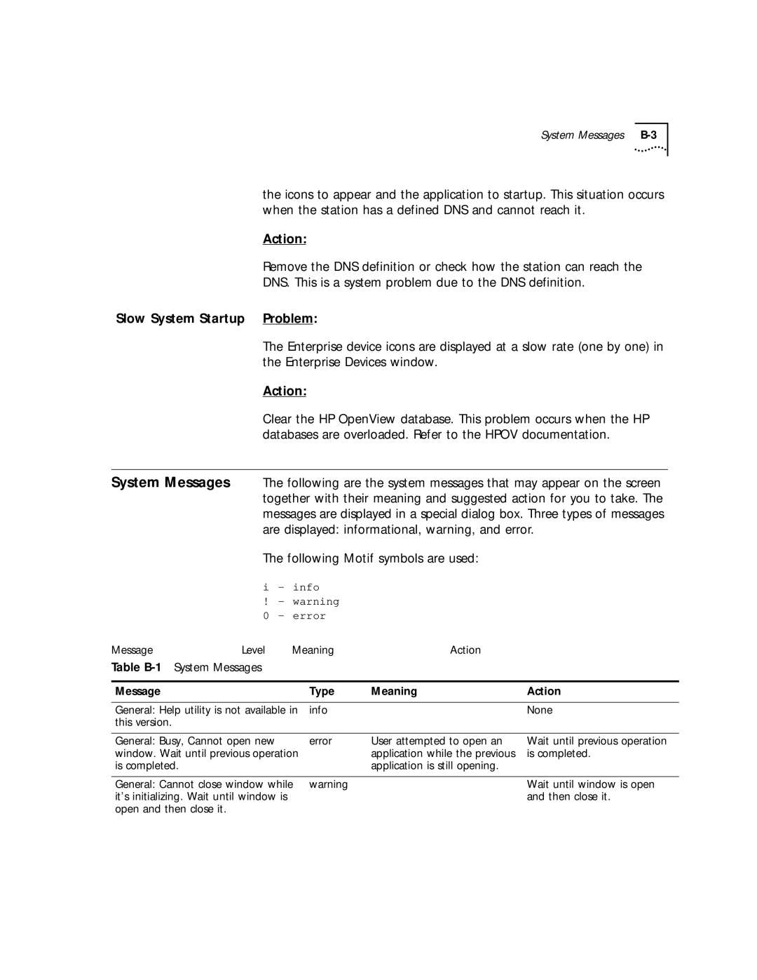 3Com 4.2.2 manual Table B-1System Messages, Message Type Meaning Action 