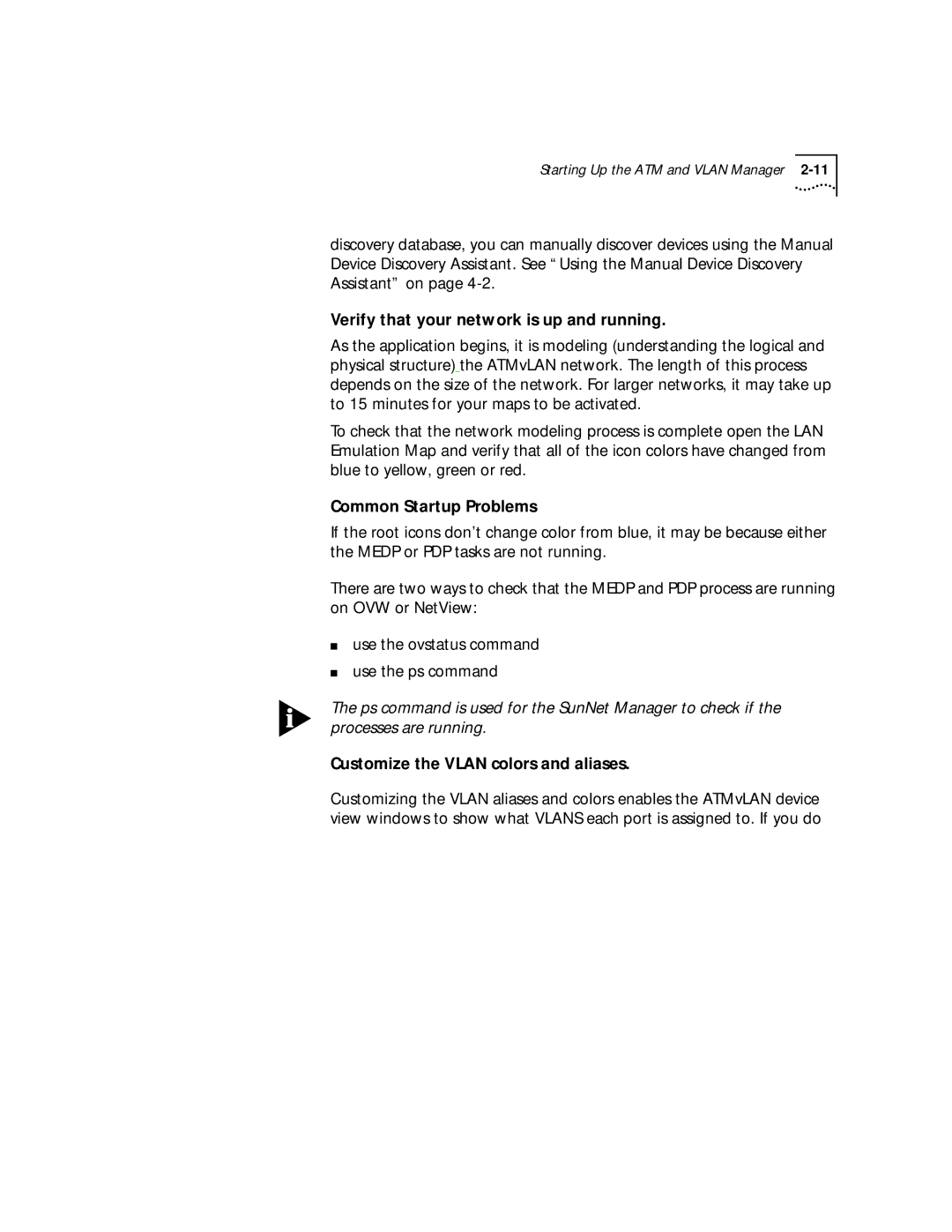 3Com 4.2.2 Verify that your network is up and running, Common Startup Problems, Customize the Vlan colors and aliases 