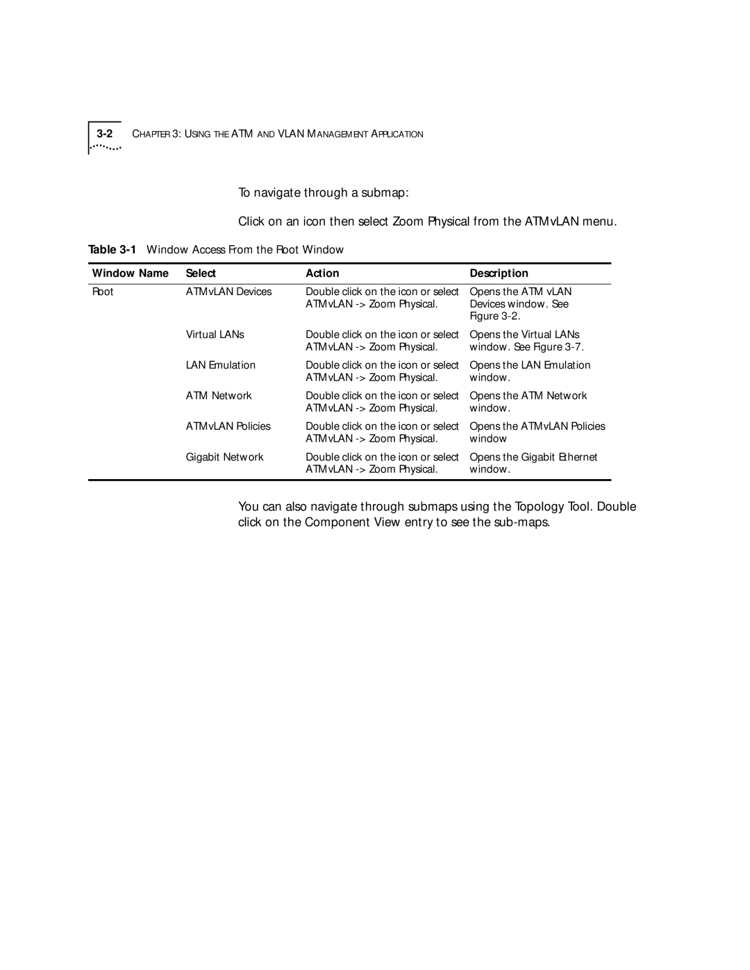 3Com 4.2.2 manual 1Window Access From the Root Window, Window Name Select Action Description 