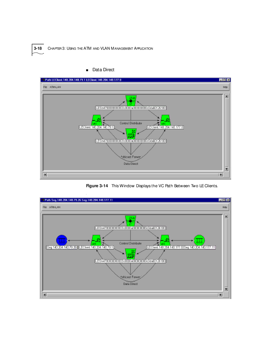 3Com 4.2.2 manual Data Direct, 14This Window Displays the VC Path Between Two LE Clients 