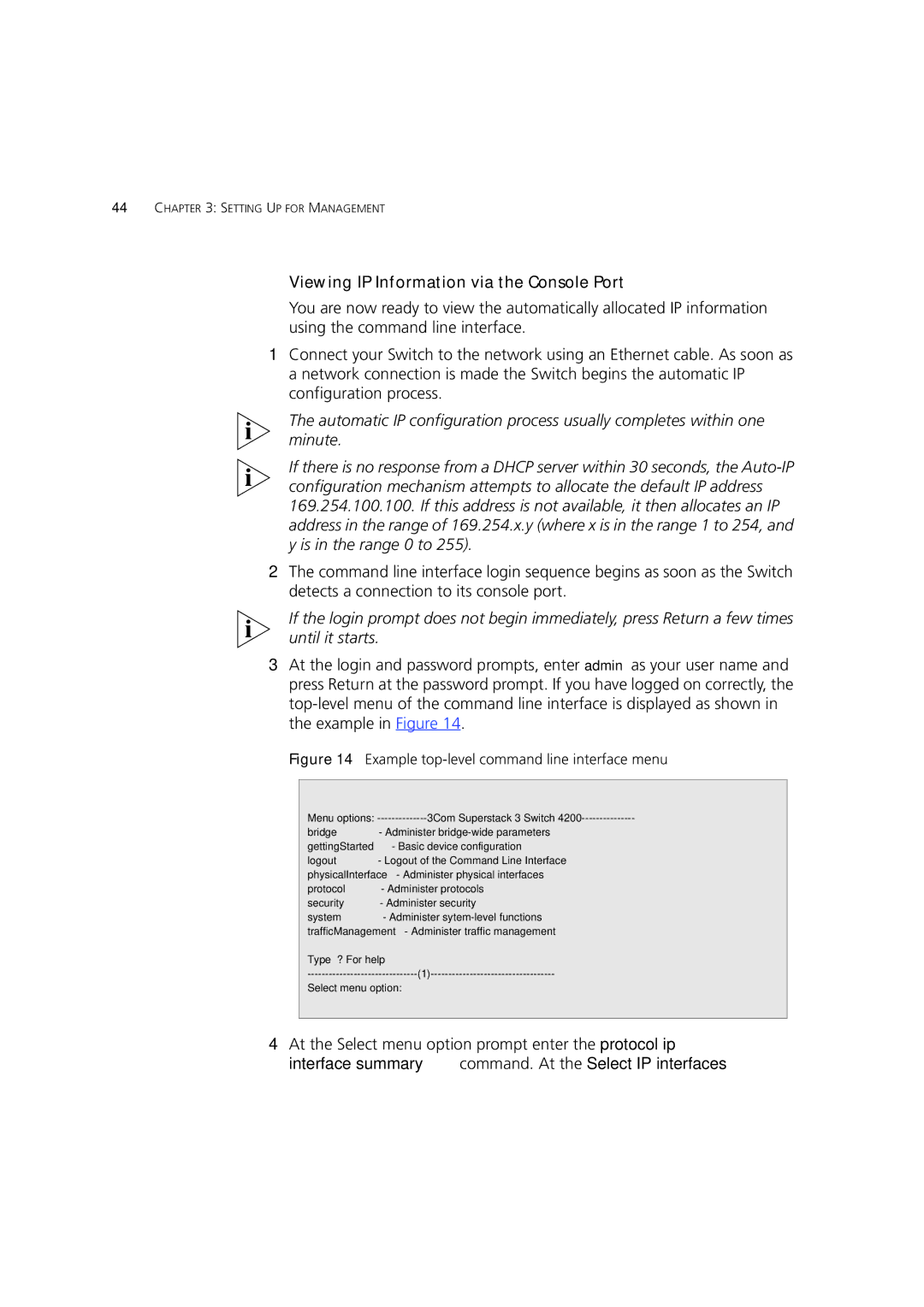 3Com 4226T, 4228G, 4250T manual Viewing IP Information via the Console Port, Example top-level command line interface menu 