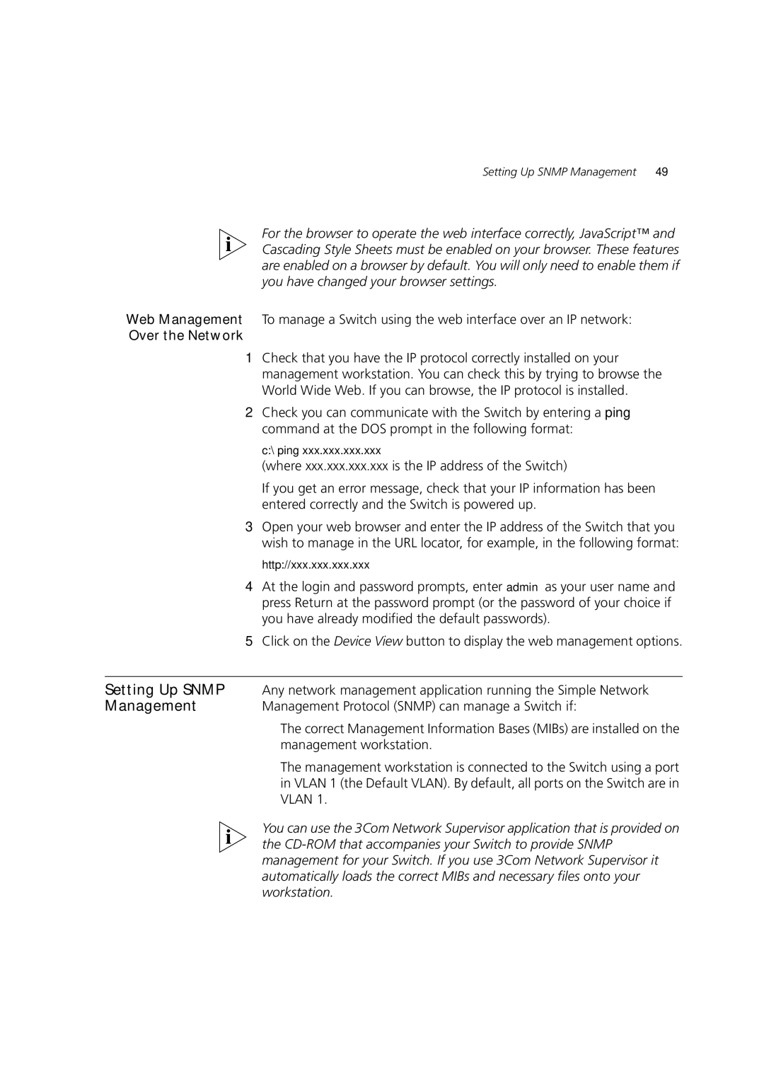 3Com 4250T Setting Up Snmp, Over the Network, Management Protocol Snmp can manage a Switch if, Management workstation 