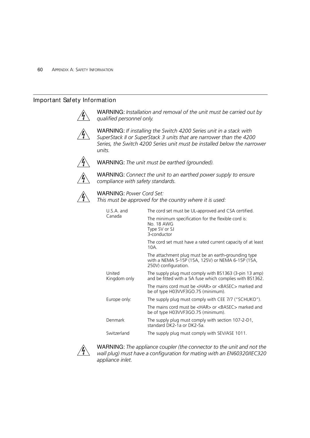 3Com 4228G, 4250T, 4226T manual Important Safety Information, This must be approved for the country where it is used 