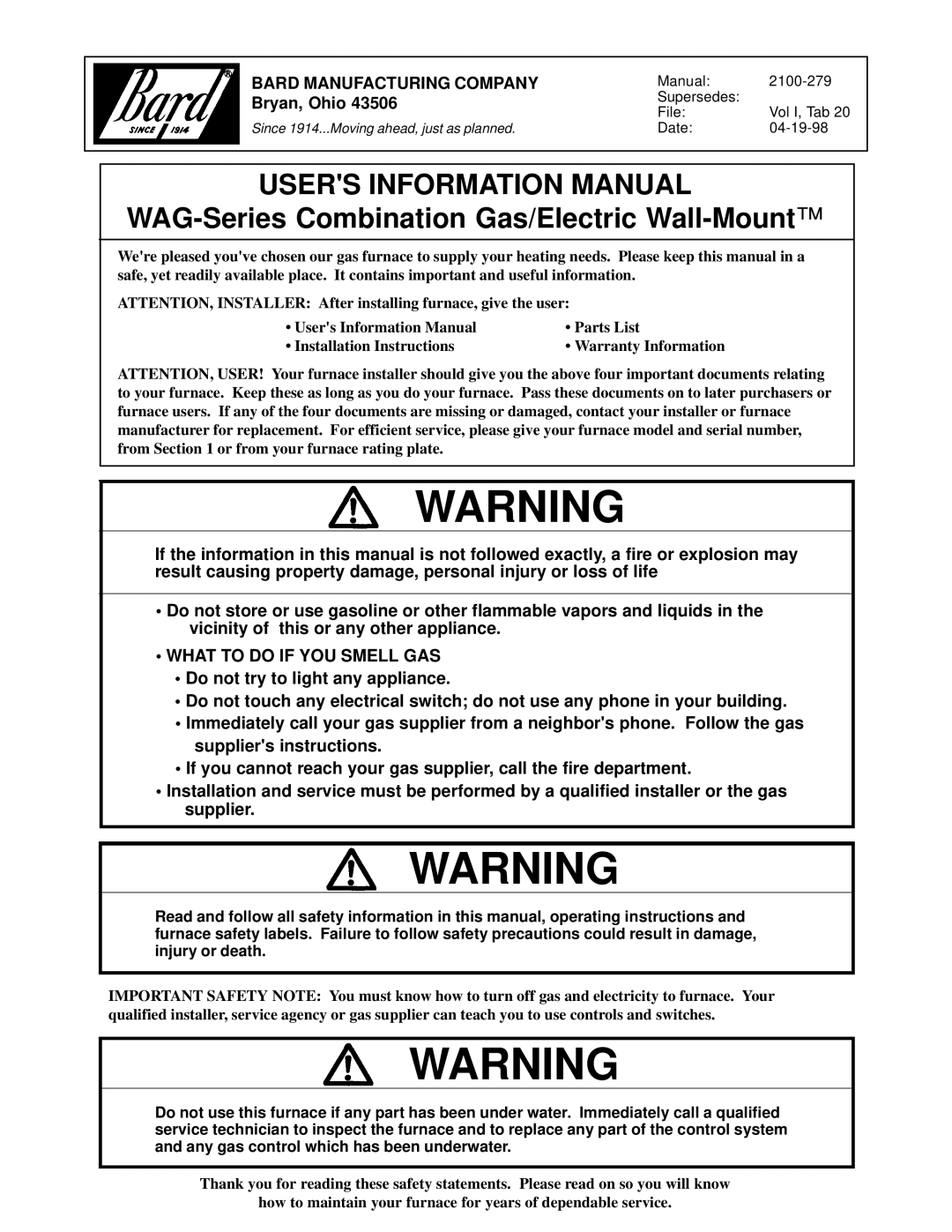 3Com 43506 operating instructions What to do if YOU Smell GAS, Bard Manufacturing Company 