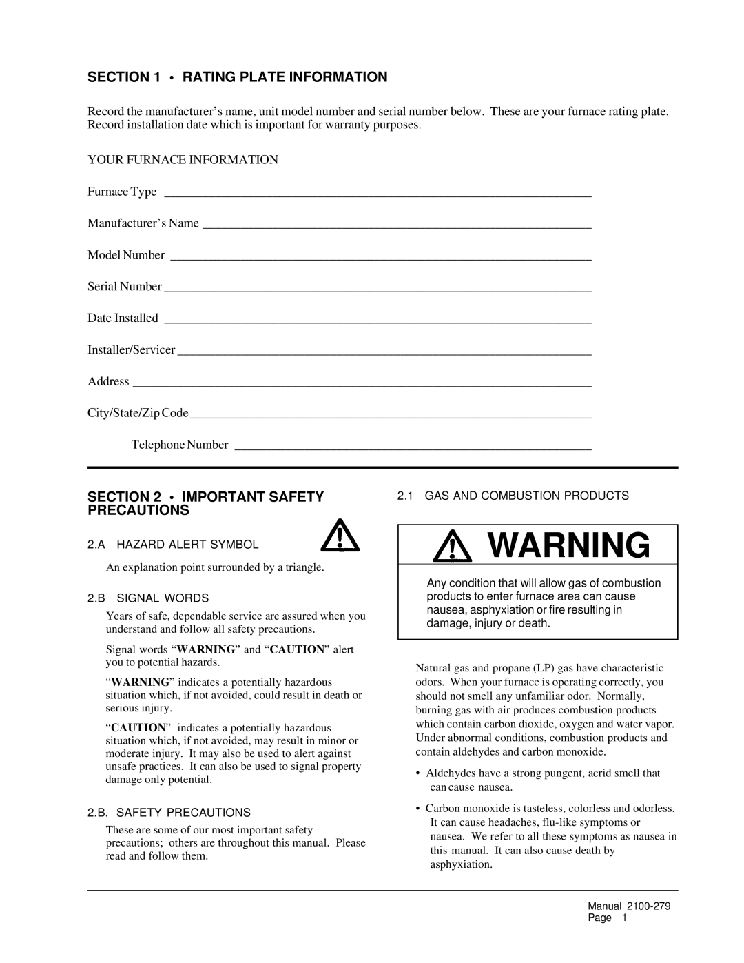 3Com 43506 Rating Plate Information, Important Safety Precautions, GAS and Combustion Products Hazard Alert Symbol 