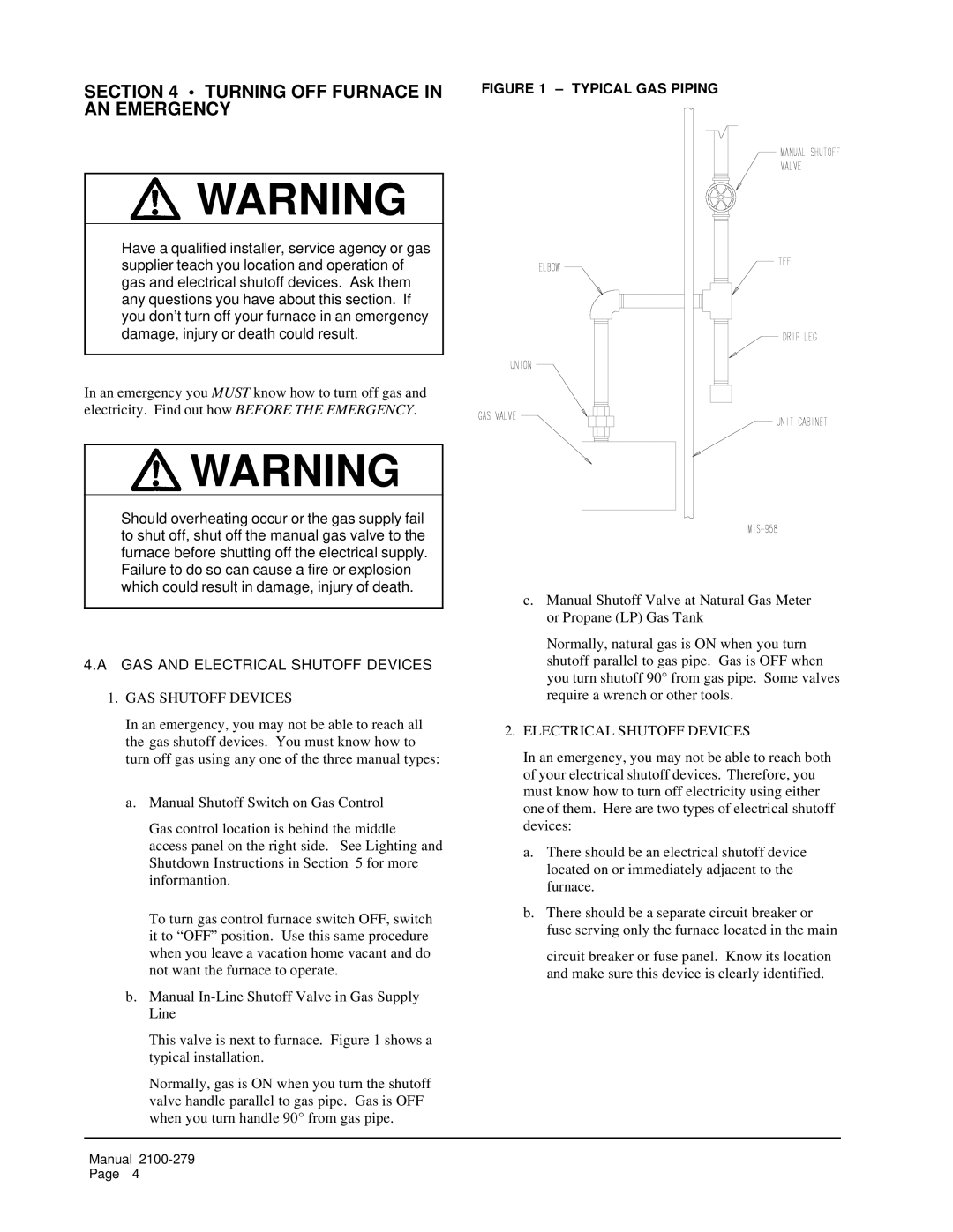 3Com 43506 operating instructions Turning OFF Furnace in AN Emergency, GAS and Electrical Shutoff Devices 