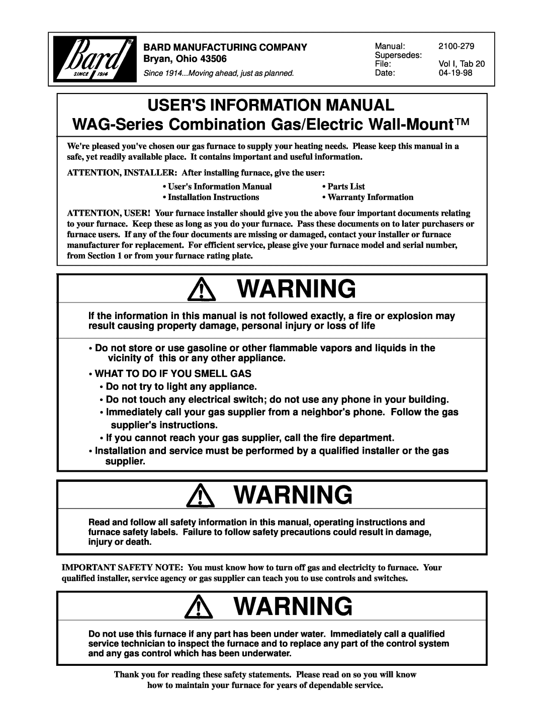 3Com 43506 operating instructions Users Information Manual, WAG-SeriesCombination Gas/Electric Wall-Mount 