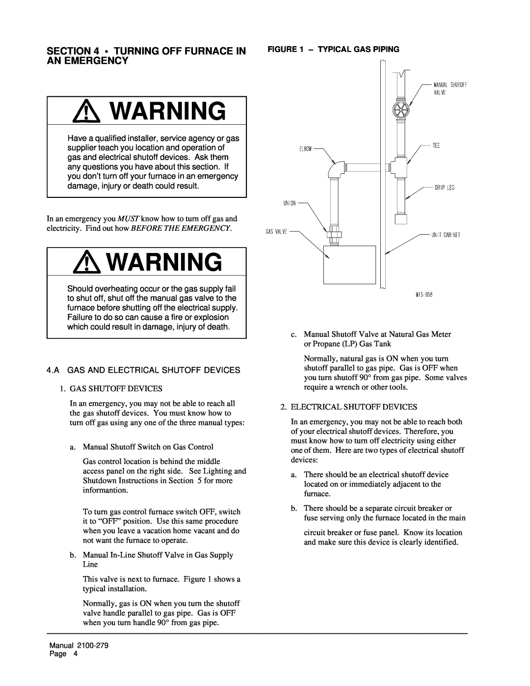 3Com 43506 operating instructions Turning Off Furnace In An Emergency, A Gas And Electrical Shutoff Devices 