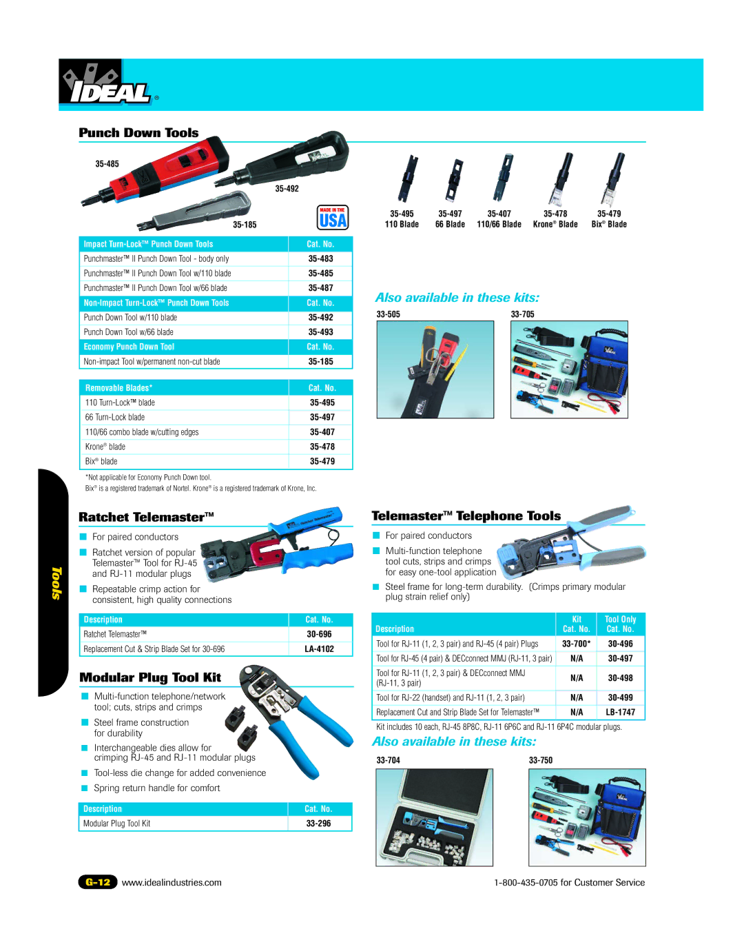 3Com 45-337, 45-338, 45-339 manual Punch Down Tools, Ratchet Telemaster, Modular Plug Tool Kit, Telemaster Telephone Tools 