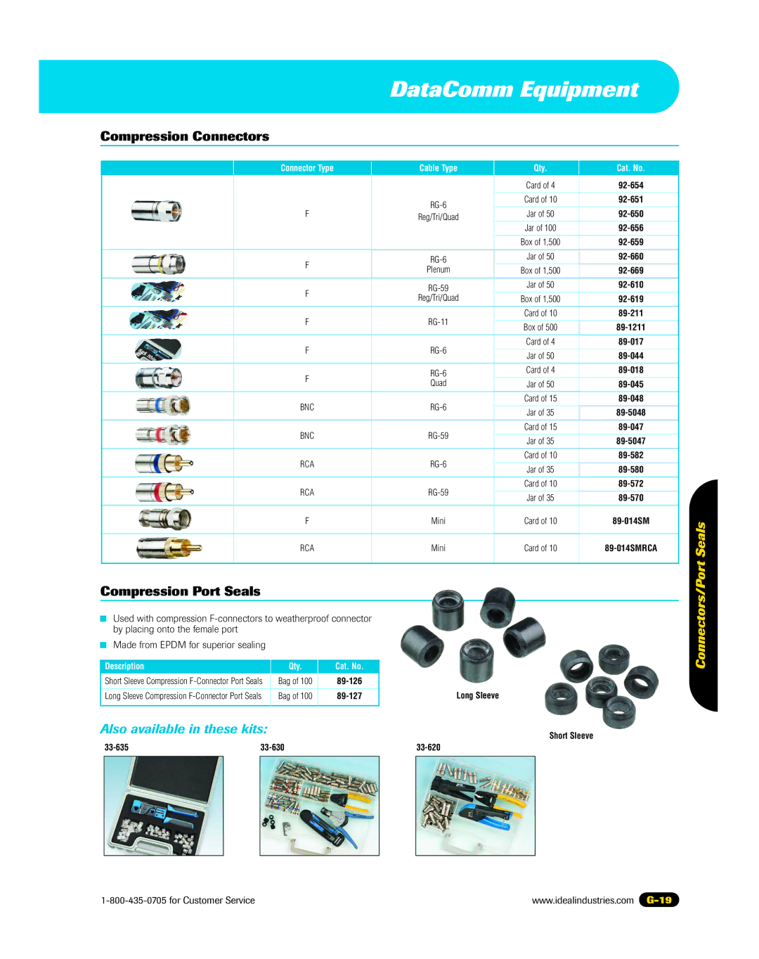 3Com 45-338, 45-337, 45-339 manual Compression Connectors, Compression Port Seals, Connector Type Cable Type Qty Cat. No 