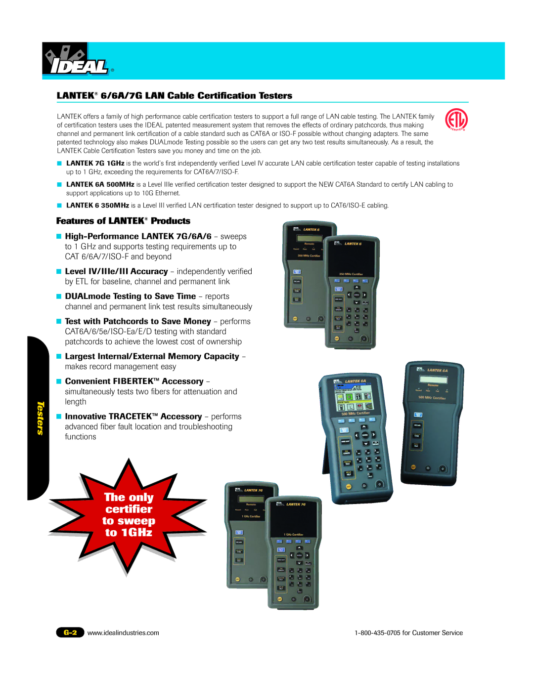 3Com 45-339, 45-337, 45-338 manual Lantek 6/6A/7G LAN Cable Certification Testers, Features of Lantek Products 