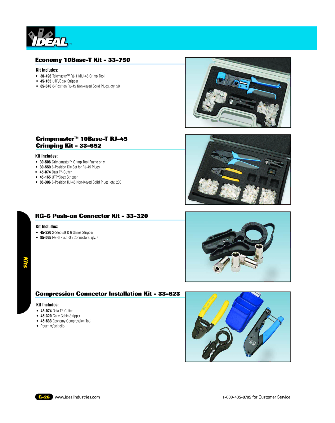 3Com 45-339, 45-337, 45-338 manual Economy 10Base-T Kit, Crimpmaster 10Base-T RJ-45 Crimping Kit, RG-6 Push-on Connector Kit 