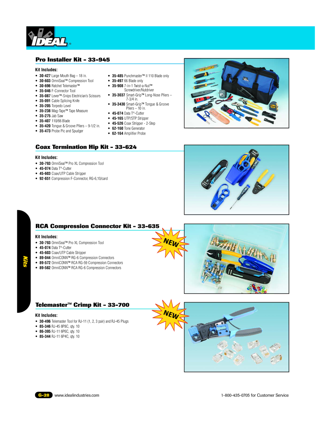 3Com 45-338 Pro Installer Kit, Coax Termination Hip Kit, RCA Compression Connector Kit, Telemaster Crimp Kit, Jab Saw 