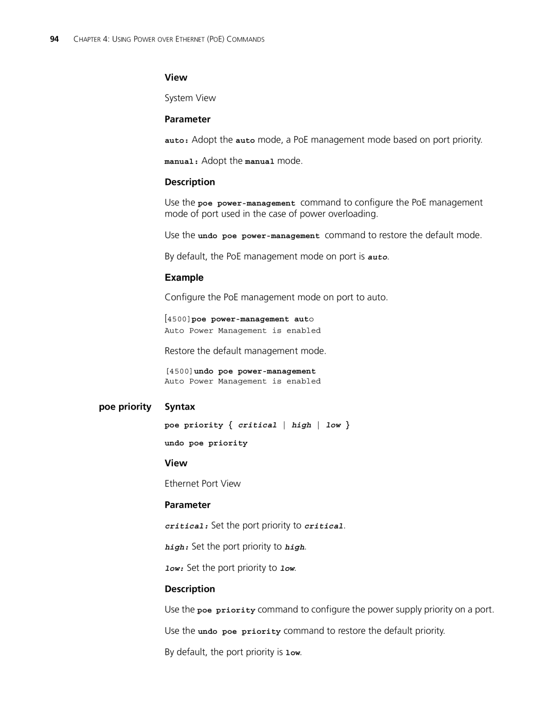 3Com 4500 PWR 50-PORT, 4500 50-PORT Configure the PoE management mode on port to auto, Restore the default management mode 