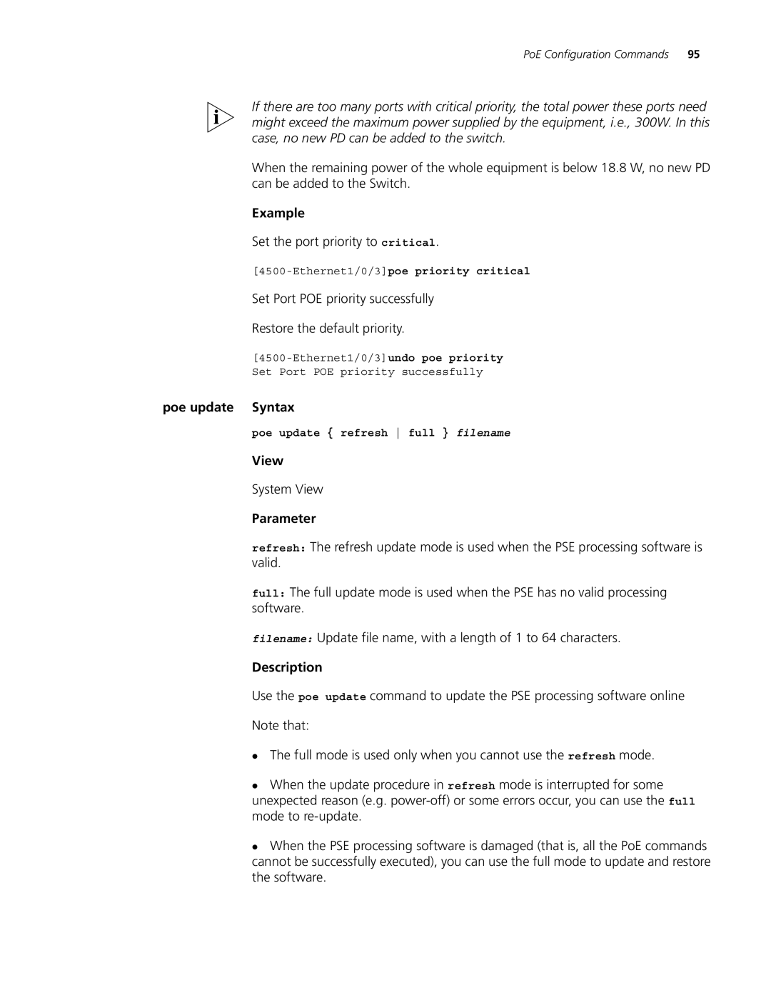 3Com 4500 PWR 26-PORT manual Set the port priority to critical, Poe update Syntax, Ethernet1/0/3poe priority critical 