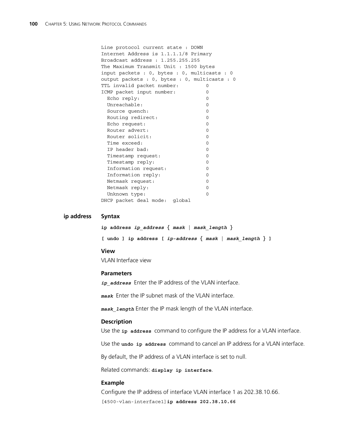 3Com 4500 50-PORT manual Ip address Syntax, Vlan Interface view, Configure the IP address of interface Vlan interface 1 as 