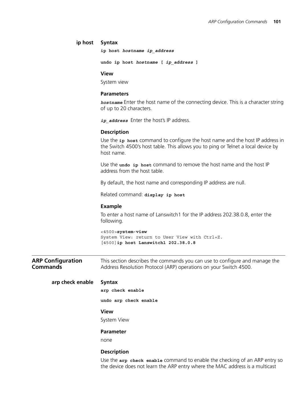 3Com 4500 26-PORT Ip host Syntax, Up to 20 characters, Ipaddress Enter the host’s IP address, Host name, Following, None 