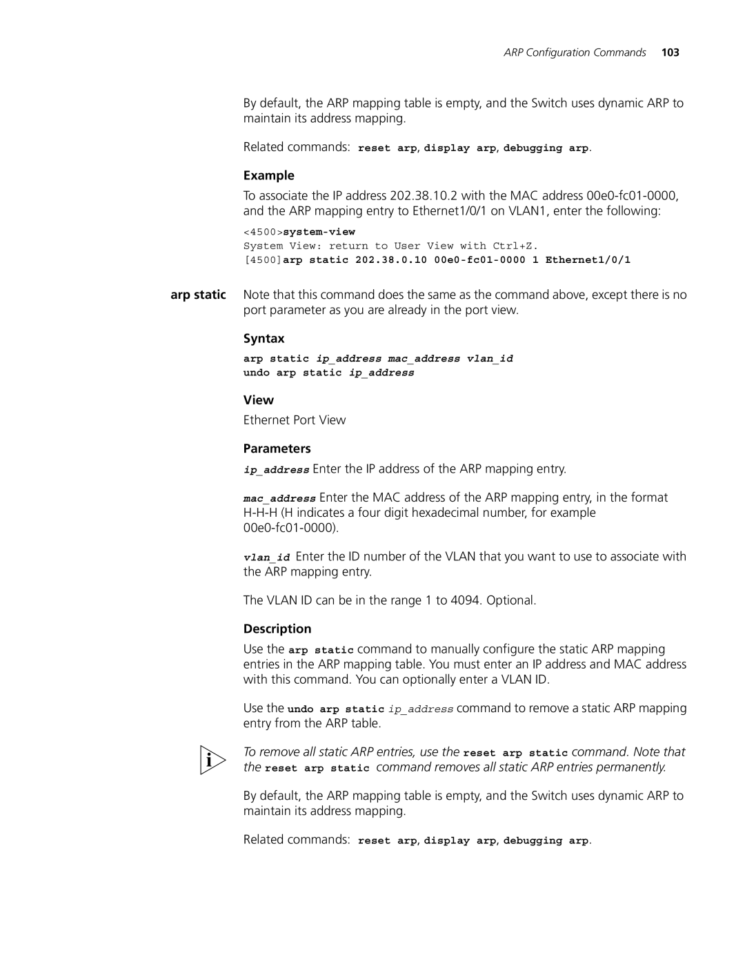 3Com 4500 PWR 26-PORT, 4500 PWR 50-PORT, 4500 50-PORT, 4500 26-PORT Related commands reset arp, display arp, debugging arp 