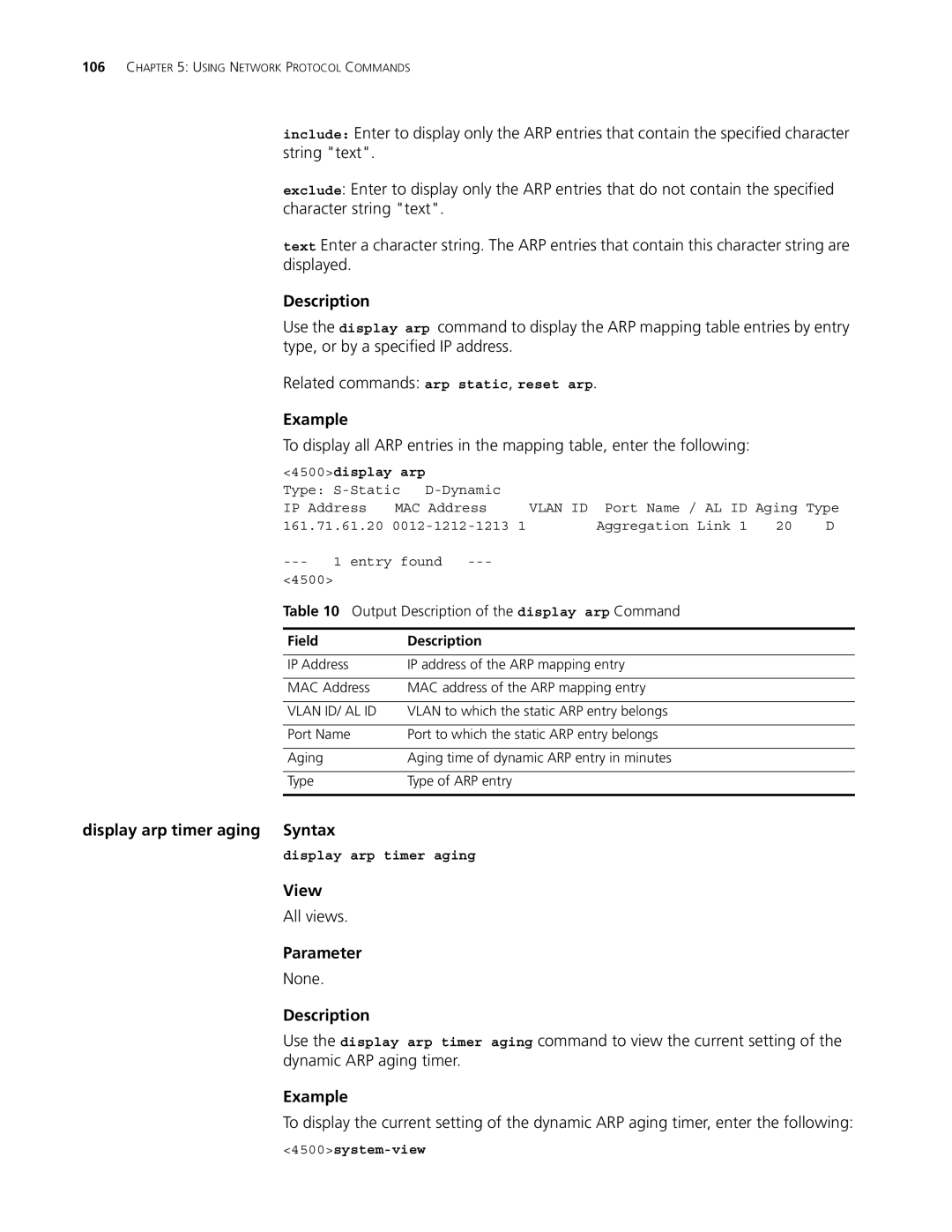 3Com 4500 PWR 50-PORT manual Display arp timer aging Syntax, Output Description of the display arp Command, 4500display arp 
