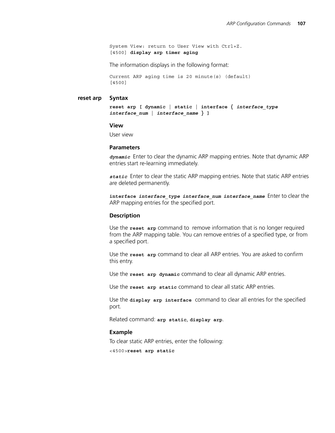 3Com 4500 PWR 26-PORT manual Reset arp Syntax, To clear static ARP entries, enter the following, 4500reset arp static 