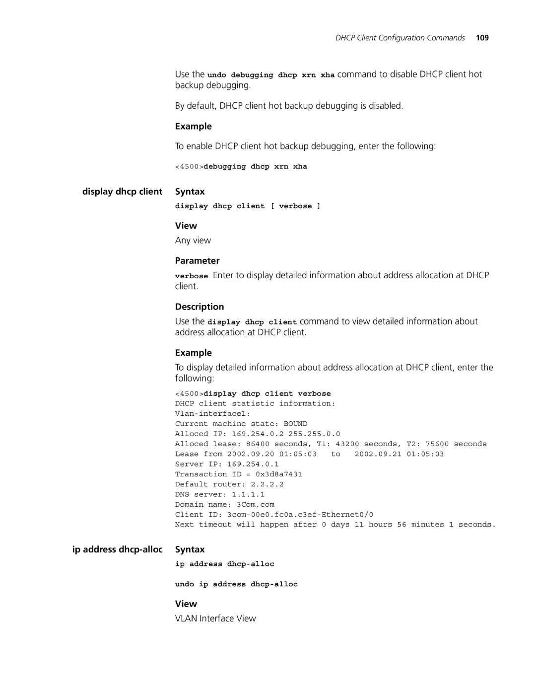 3Com 4500 26-PORT, 4500 PWR 50-PORT Display dhcp client Syntax, Ip address dhcp-alloc Syntax, 4500debugging dhcp xrn xha 