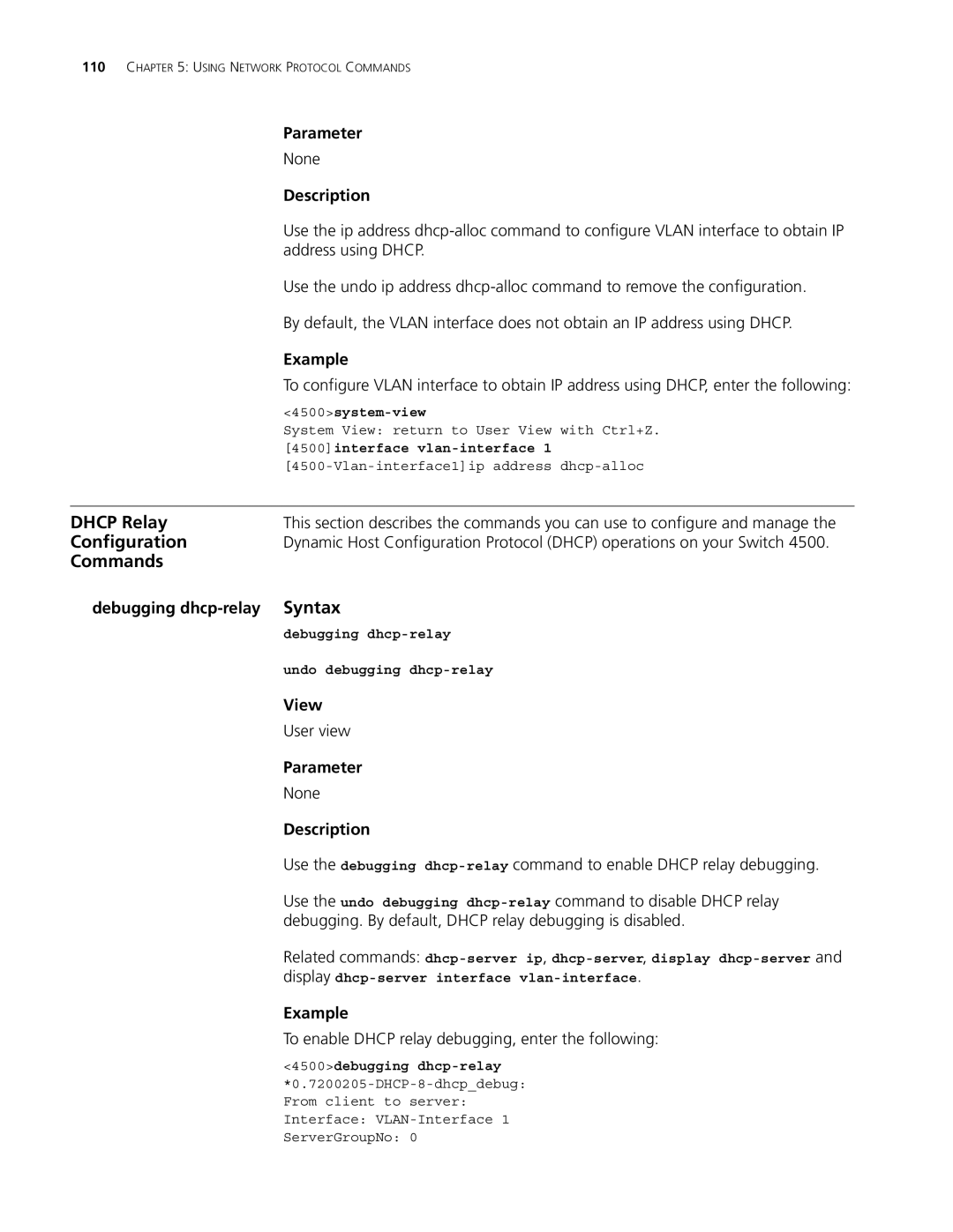 3Com 4500 PWR 50-PORT, 4500 PWR 26-PORT, 4500 50-PORT, 4500 26-PORT manual Address using Dhcp, Debugging dhcp-relay, User view 