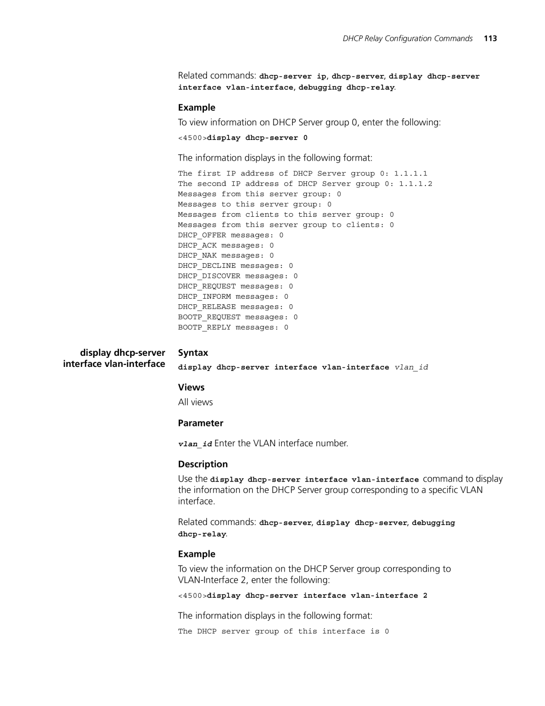 3Com 4500 26-PORT, 4500 PWR 50-PORT, 4500 50-PORT Views, Vlanid Enter the Vlan interface number, 4500display dhcp-server 