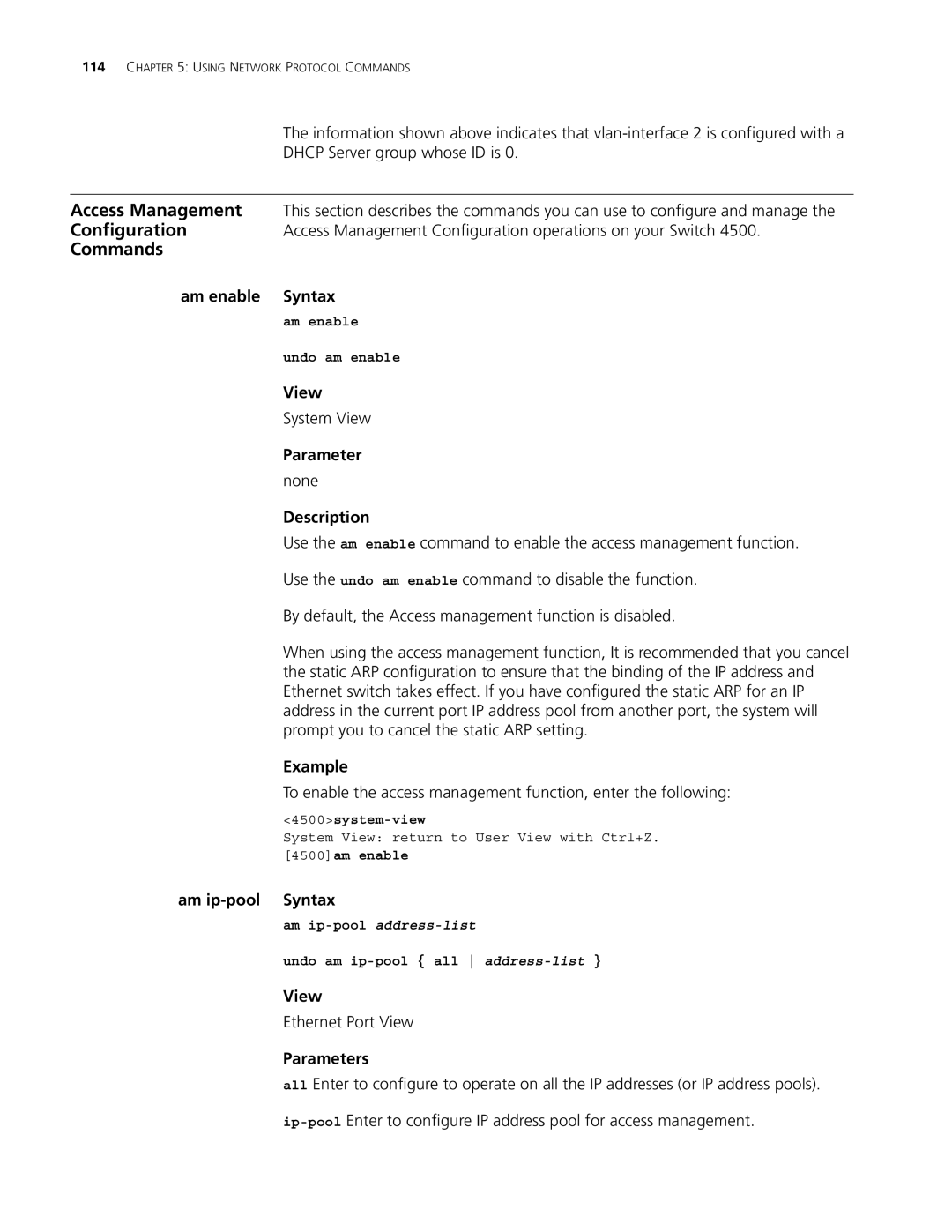 3Com 4500 PWR 50-PORT, 4500 PWR 26-PORT manual Am enable Syntax, Am ip-pool Syntax, Am enable Undo am enable, 4500am enable 