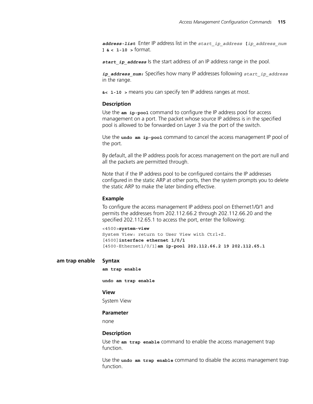 3Com 4500 PWR 26-PORT, 4500 PWR 50-PORT, 4500 50-PORT manual Am trap enable Syntax, Am trap enable Undo am trap enable 
