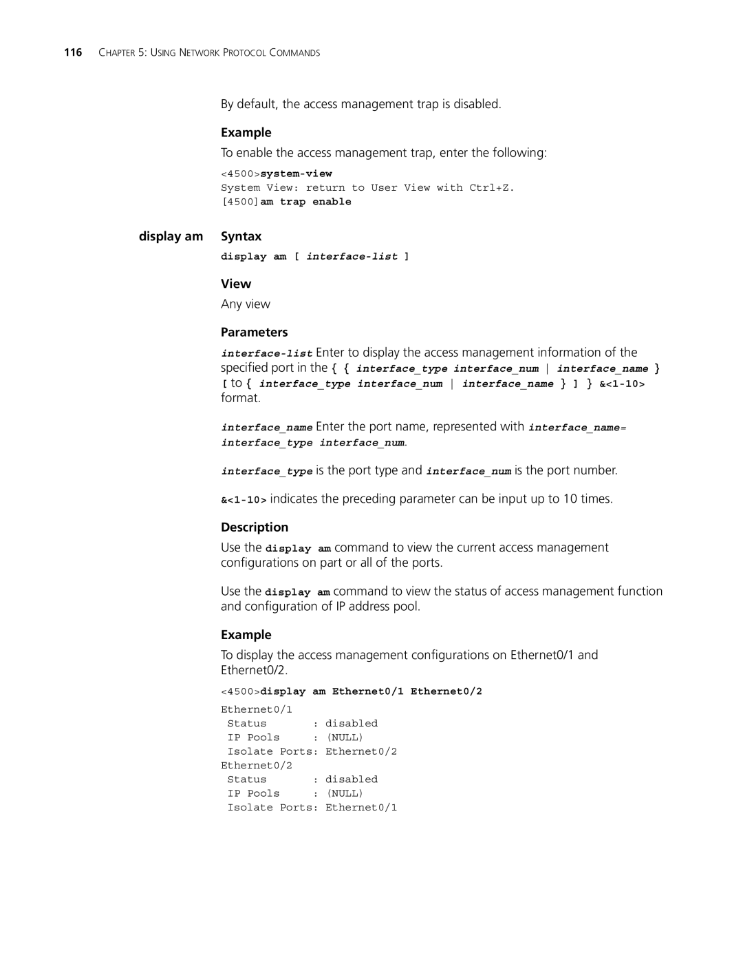 3Com 4500 50-PORT, 4500 26-PORT By default, the access management trap is disabled, Display am Syntax, 4500am trap enable 