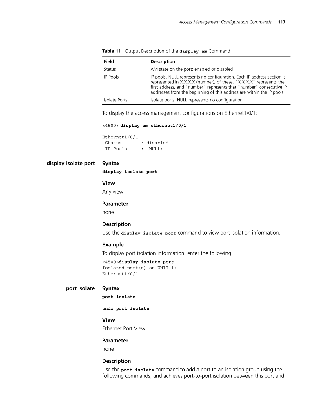 3Com 4500 26-PORT, 4500 50-PORT Display isolate port Syntax, To display port isolation information, enter the following 