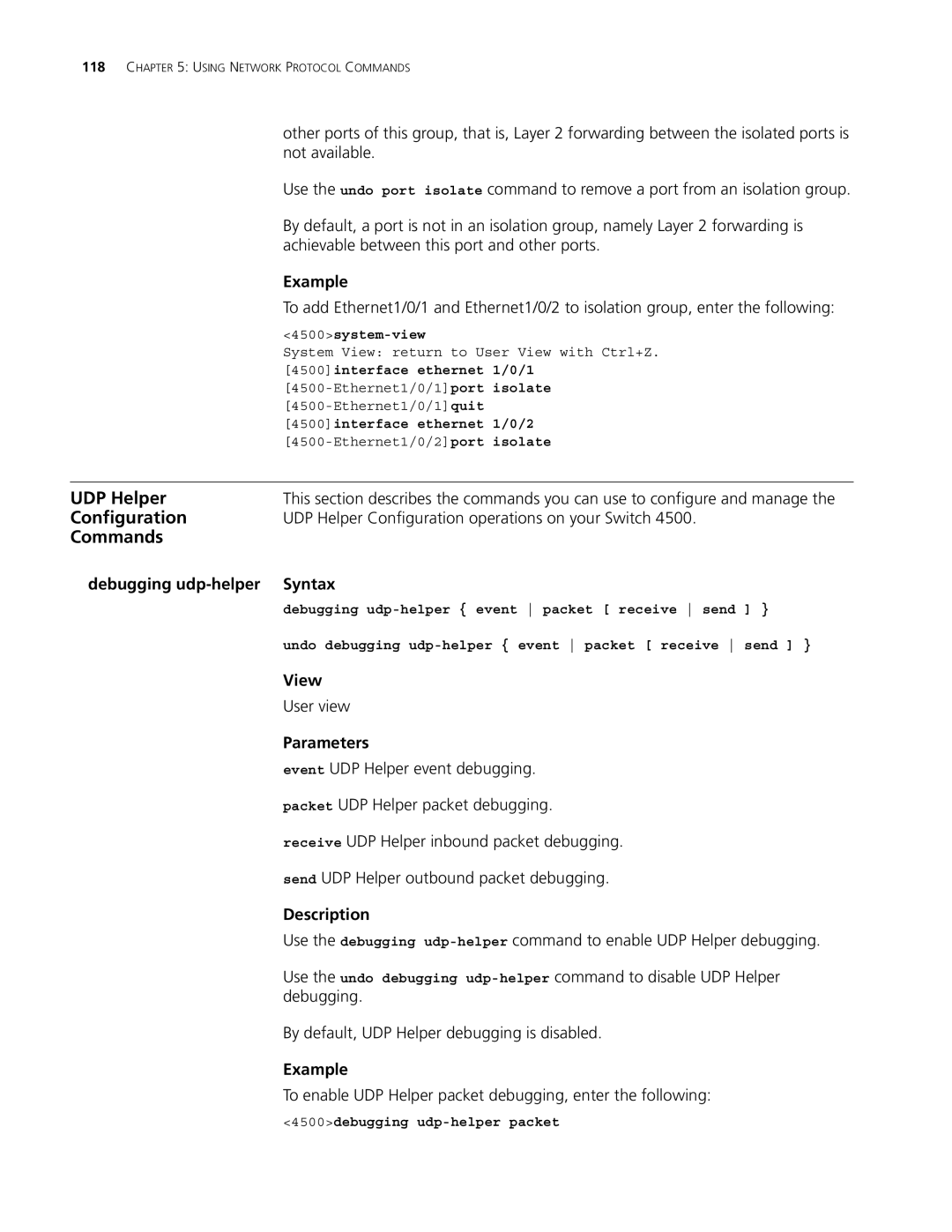 3Com 4500 PWR 50-PORT manual Not available, Achievable between this port and other ports, Debugging udp-helper Syntax 