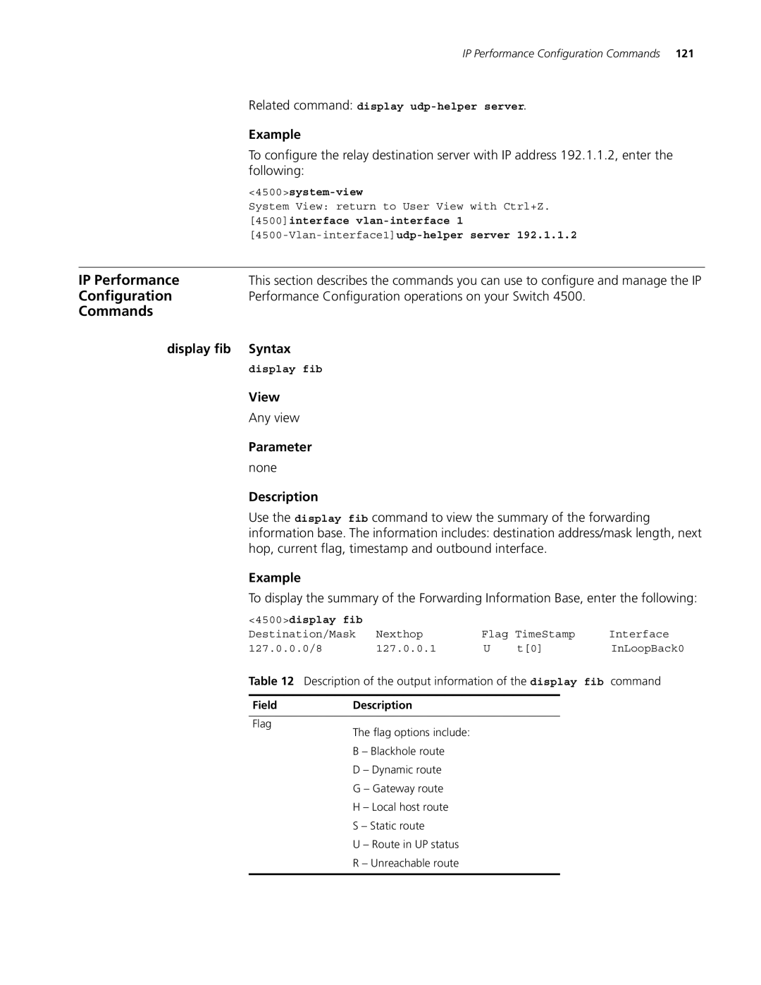 3Com 4500 26-PORT, 4500 PWR 50-PORT, 4500 50-PORT Performance Configuration operations on your Switch, Display fib Syntax 