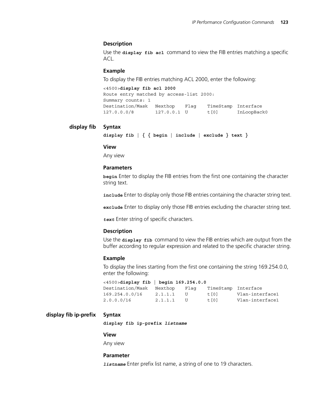 3Com 4500 PWR 26-PORT manual Display fib ip-prefix Syntax, 4500display fib acl, Display fib begin include exclude text 