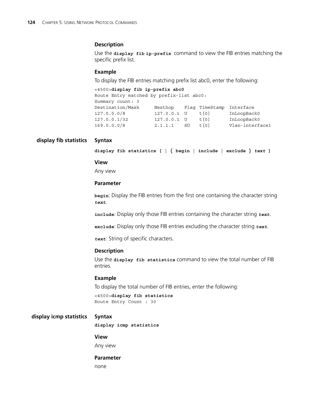 3Com 4500 50-PORT, 4500 PWR 50-PORT, 4500 PWR 26-PORT manual Display fib statistics Syntax, Display icmp statistics Syntax 