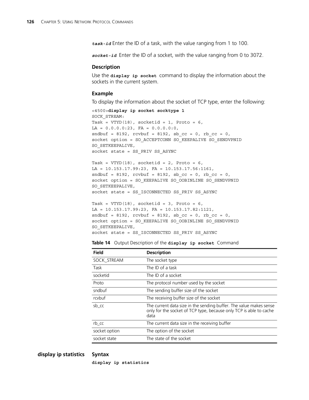 3Com 4500 PWR 50-PORT, 4500 PWR 26-PORT, 4500 50-PORT manual Display ip statistics Syntax, 4500display ip socket socktype 