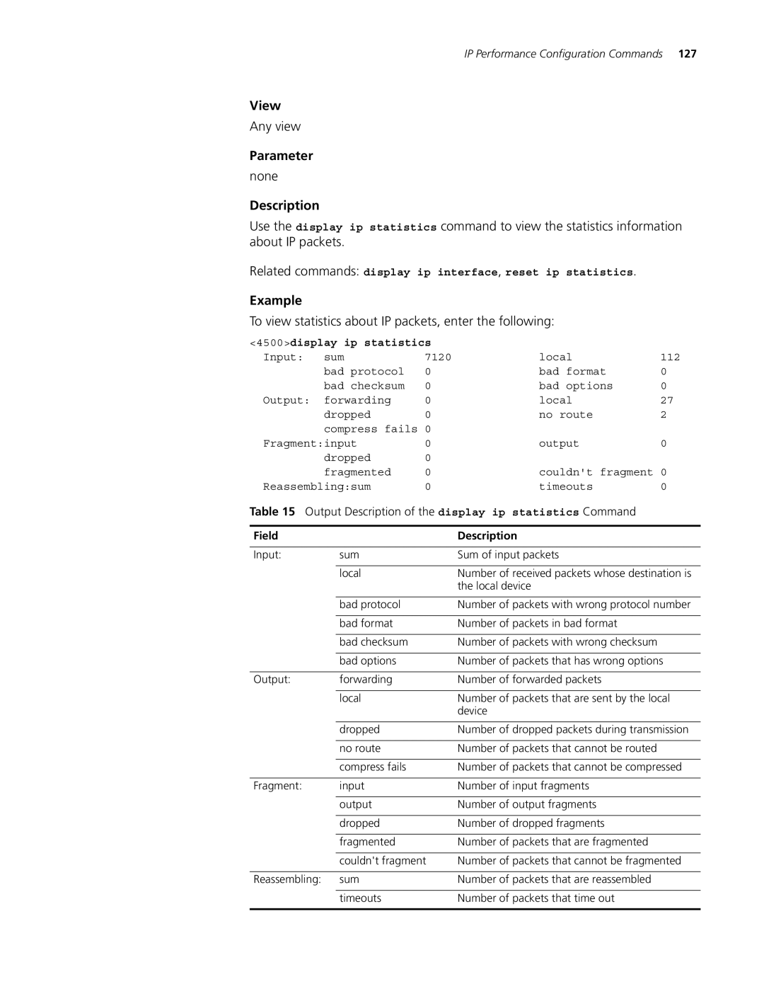 3Com 4500 PWR 26-PORT, 4500 50-PORT To view statistics about IP packets, enter the following, 4500display ip statistics 