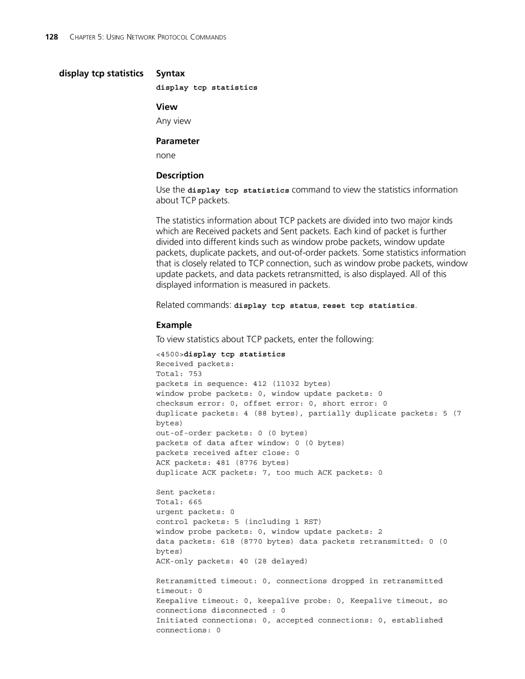 3Com 4500 50-PORT, 4500 26-PORT Display tcp statistics Syntax, To view statistics about TCP packets, enter the following 