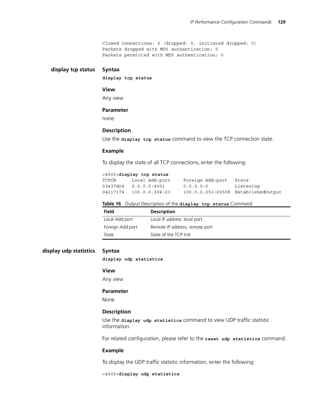 3Com 4500 26-PORT, 4500 PWR 50-PORT, 4500 PWR 26-PORT, 4500 50-PORT Display tcp status Syntax, Display udp statistics Syntax 