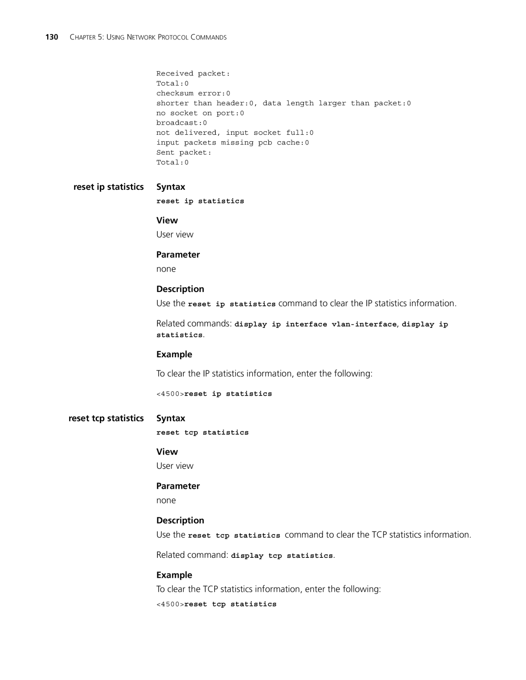 3Com 4500 PWR 50-PORT manual Reset ip statistics Syntax, To clear the IP statistics information, enter the following 