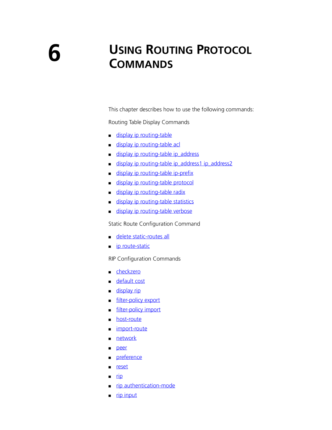 3Com 4500 PWR 26-PORT, 4500 PWR 50-PORT, 4500 50-PORT manual Static Route Configuration Command, RIP Configuration Commands 