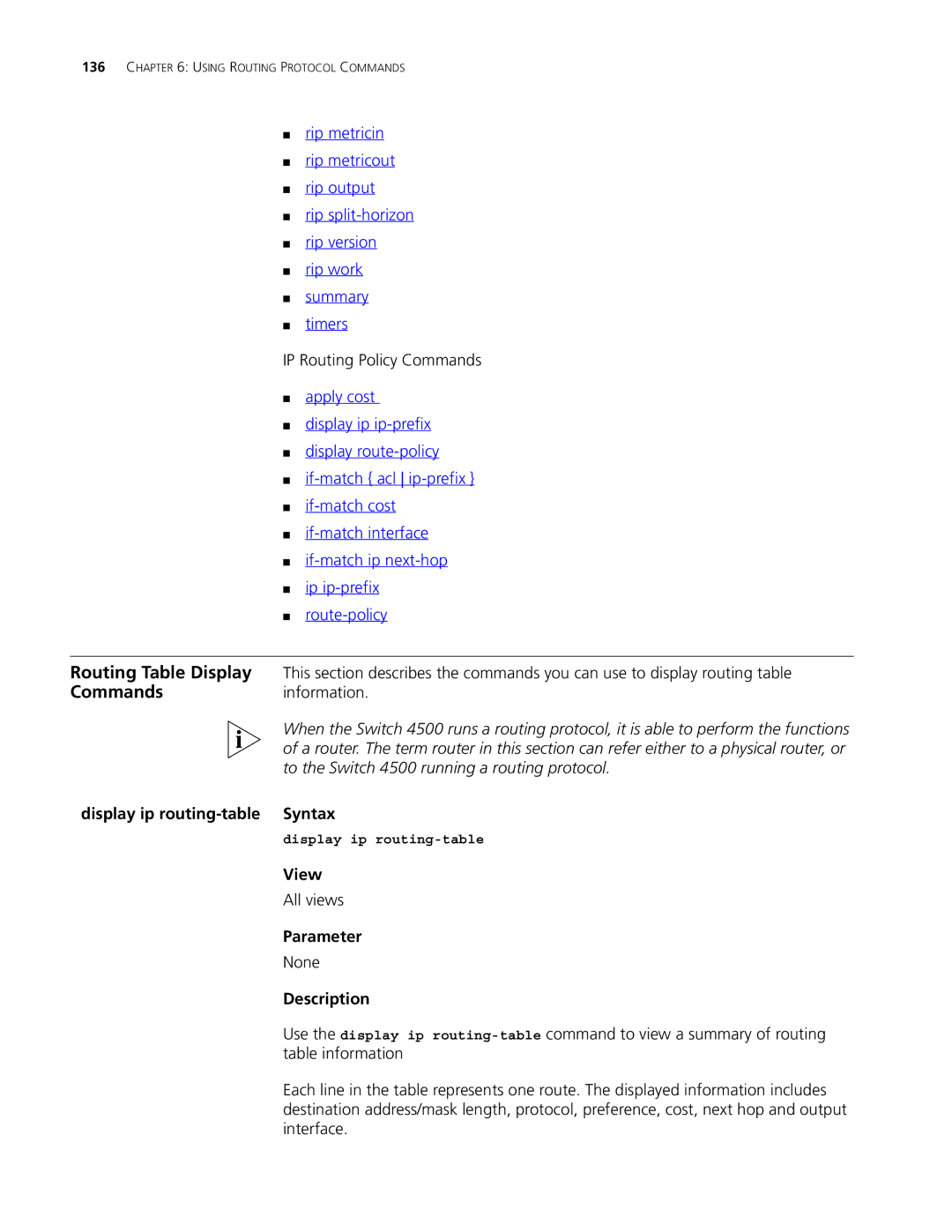 3Com 4500 50-PORT, 4500 PWR 50-PORT, 4500 PWR 26-PORT manual IP Routing Policy Commands, Display ip routing-table Syntax 