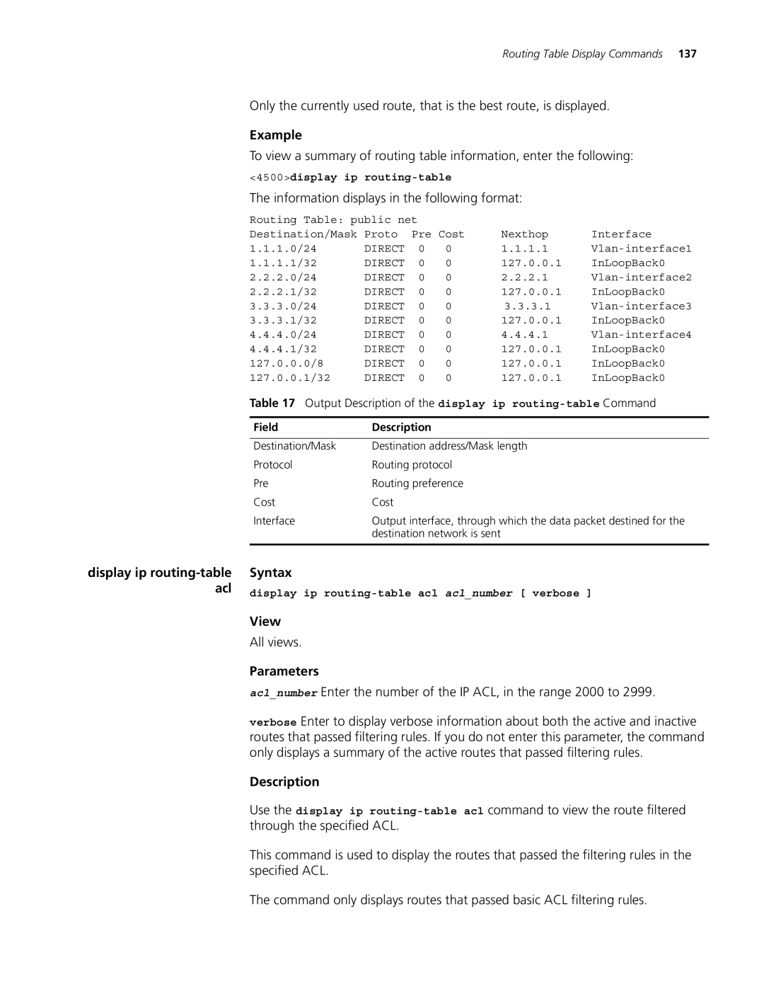 3Com 4500 26-PORT, 4500 50-PORT Output Description of the display ip routing-tableCommand, 4500display ip routing-table 