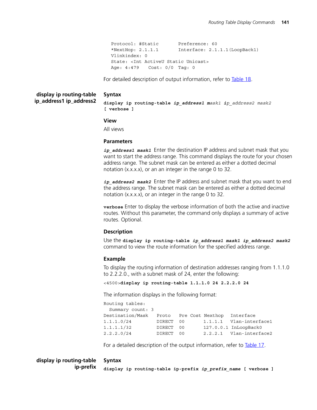 3Com 4500 26-PORT, 4500 PWR 50-PORT, 4500 PWR 26-PORT, 4500 50-PORT Ip-prefix, 4500display ip routing- .1.1.0 24 2.2.2.0 