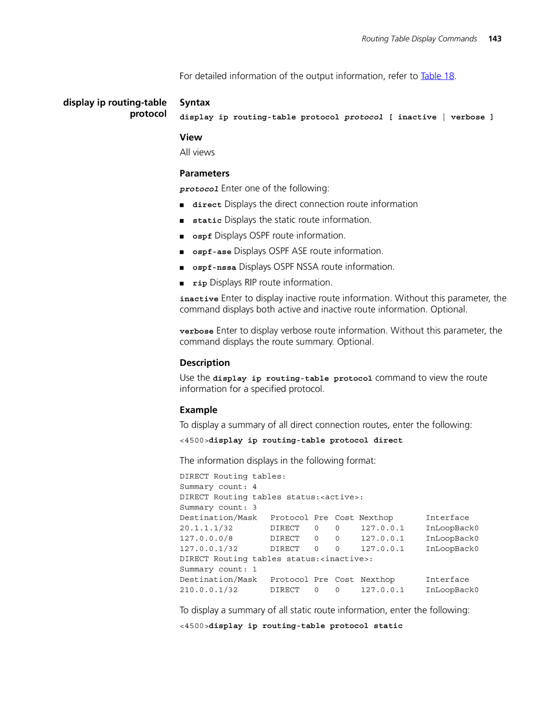 3Com 4500 PWR 26-PORT, 4500 PWR 50-PORT, 4500 50-PORT manual Display ip routing-table protocol protocol inactive verbose 