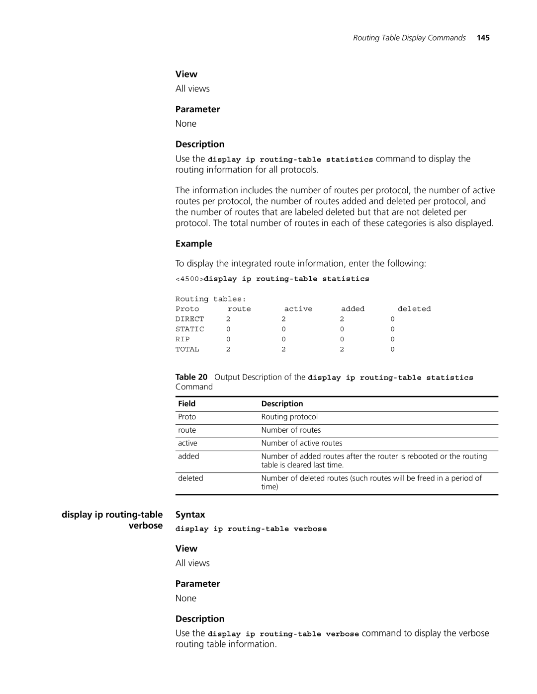 3Com 4500 26-PORT, 4500 PWR 50-PORT Command, 4500display ip routing-table statistics, Display ip routing-table verbose 