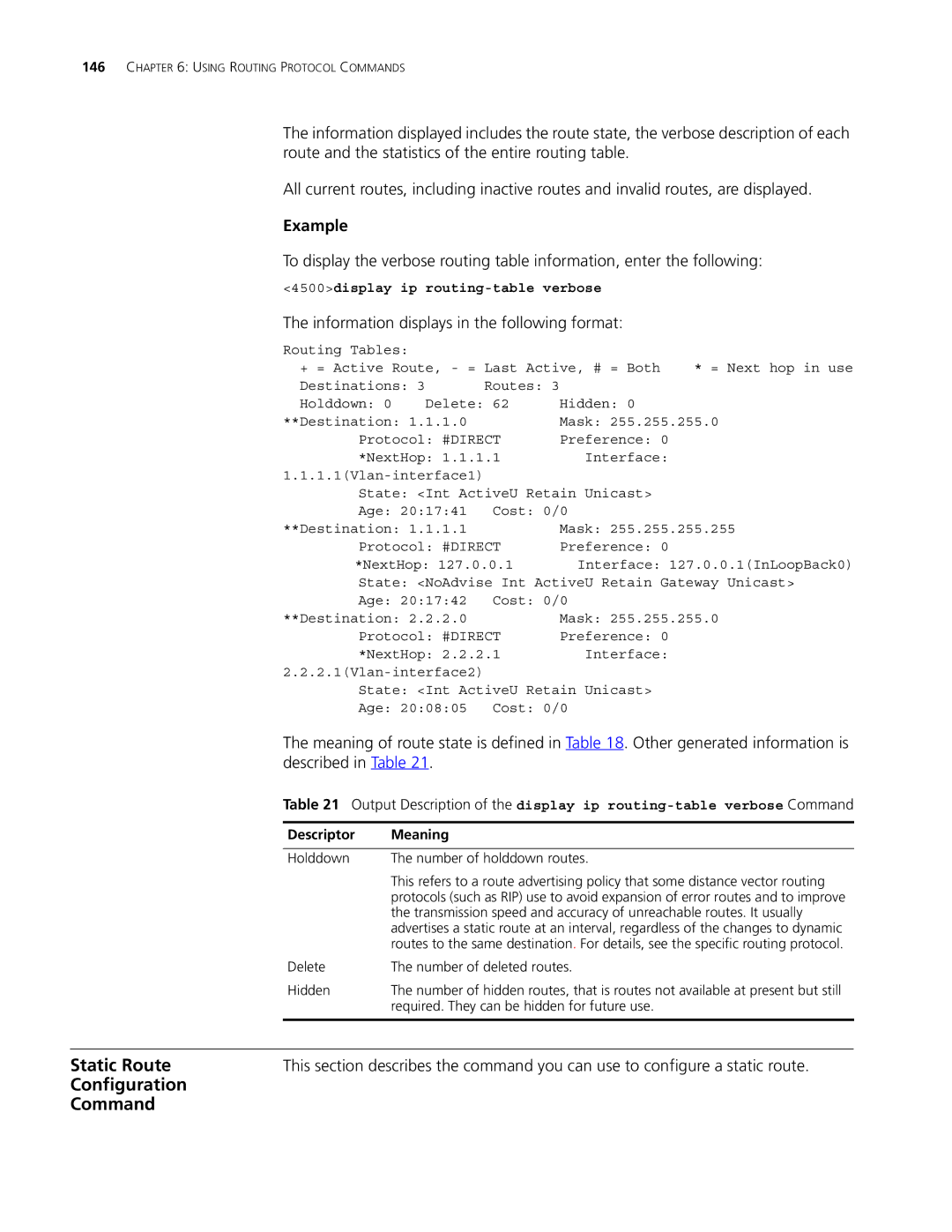 3Com 4500 PWR 50-PORT, 4500 PWR 26-PORT, 4500 50-PORT, 4500 26-PORT 4500display ip routing-table verbose, Descriptor Meaning 