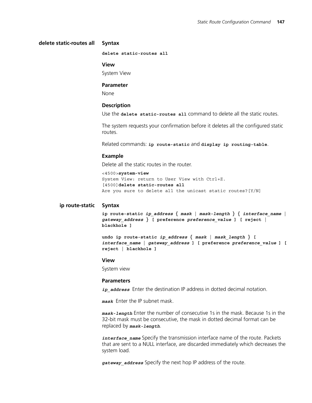 3Com 4500 PWR 26-PORT Delete static-routes all Syntax, Delete all the static routes in the router, Ip route-static Syntax 