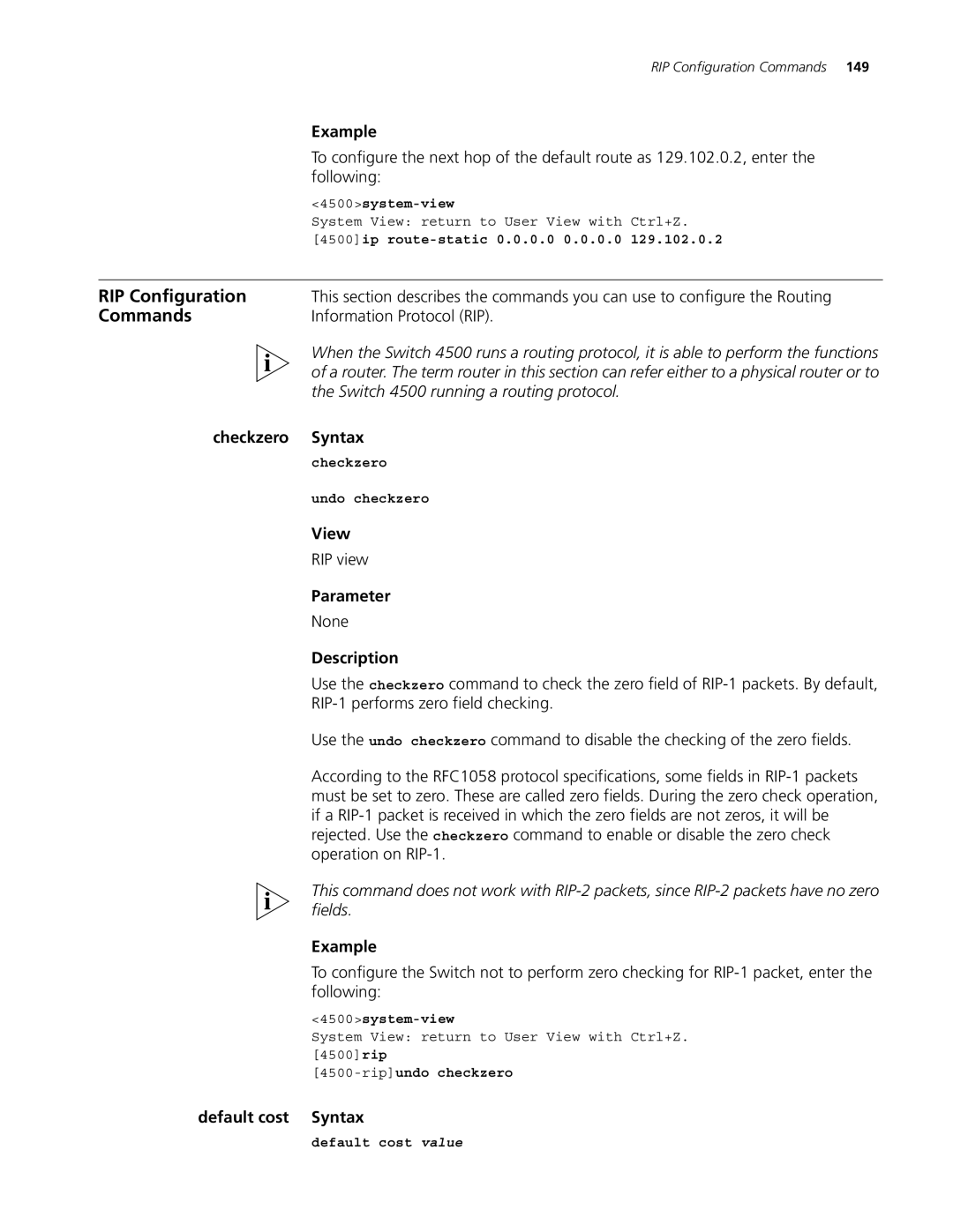 3Com 4500 26-PORT, 4500 PWR 50-PORT, 4500 PWR 26-PORT, 4500 50-PORT manual Checkzero Syntax, Default cost Syntax 